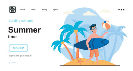 Summer time web concept. Man carries surfboard, going to surf, resting on beach at seaside resort. Template of people scene. Vector illustration with character activities in flat design for website
