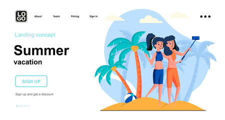 Summer vacation web concept. Women taking selfie on beach. Two girlfriends resting seaside resort. Template of people scene. Vector illustration with character activities in flat design for website