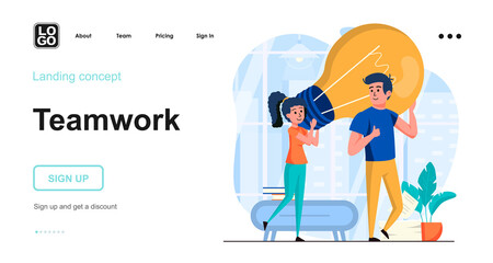 Teamwork web concept. Man and woman work together, create ideas, brainstorming communication. Template of people scene. Vector illustration with character activities in flat design for website