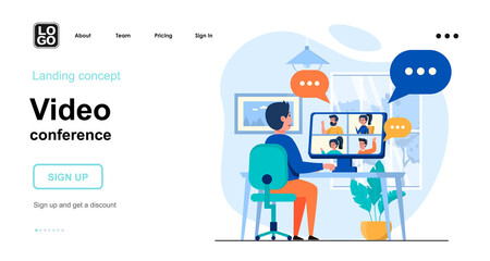 Video conference web concept. Man communicates online with friends or colleagues through video. Template of people scene. Vector illustration with character activities in flat design for website