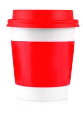 The red Paper coffee cup with black lid isolated on white background
