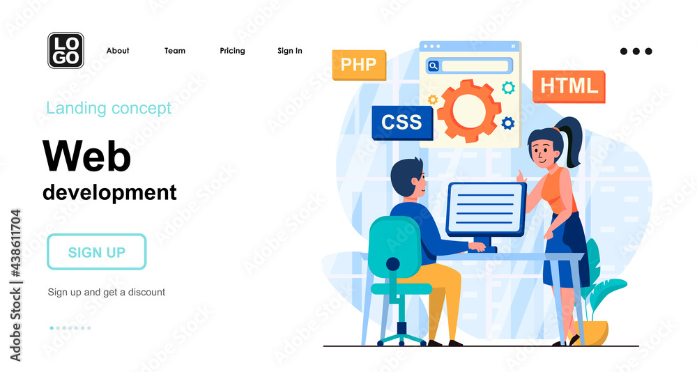 Aufkleber Web development web concept. Programmers coding code, creates page layout, setting up search engine. Template of people scene. Vector illustration with character activities in flat design for website