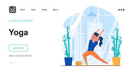 Yoga web concept. Woman practicing asanas and balance training, doing fitness in gym. Sports workout. Template of people scene. Vector illustration with character activities in flat design for website