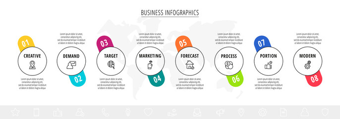 Line vector infographics with eight circles. Modern concept 8 icons with labels step by step for the app, business, website, interface, chart, levels, web, diagram, banner, presentations