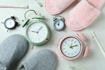 Different sleep routine accessories on white textured table
