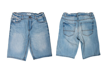 mens denim shorts front and back view isolated on white