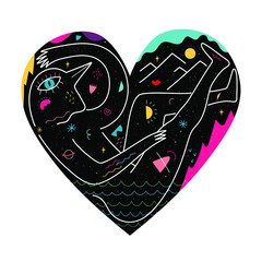 Abstract vector illustration with black heart, doodle elements and outline human body with bird head.  Trendy print design with mountains