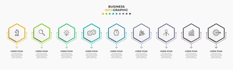Vector Infographic design business template with icons and 9 options or steps. Can be used for process diagram, presentations, workflow layout, banner, flow chart, info graph