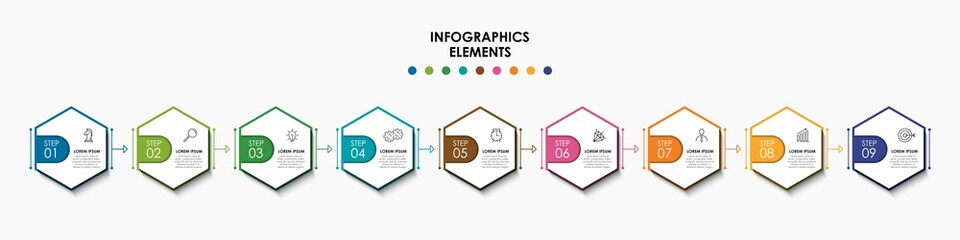 Vector Infographic design business template with icons and 9 options or steps. Can be used for process diagram, presentations, workflow layout, banner, flow chart, info graph