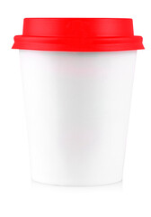 Red Paper coffee cup with black lid isolated on white background