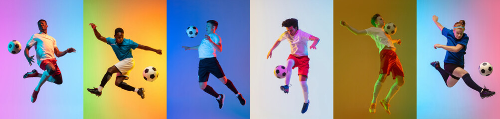 Collage of different professional sportsmen, fit people in action and motion isolated on color...