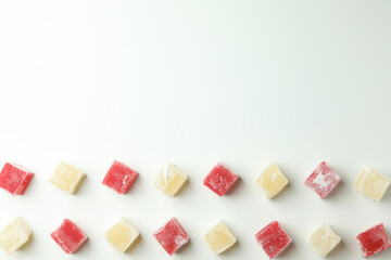 Delicious turkish delight on white background, top view