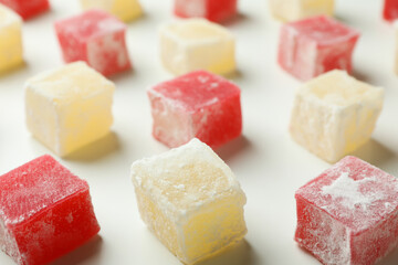 Delicious turkish delight cubes, close up and selective focus