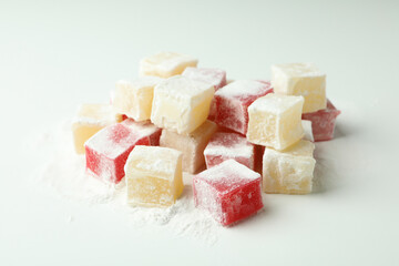 Delicious turkish delight cubes on white background