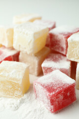 Delicious turkish delight cubes, close up and selective focus
