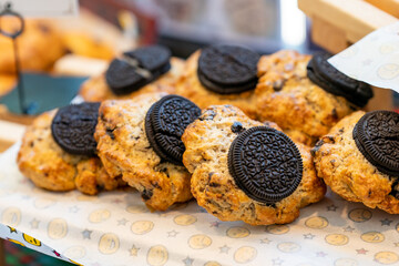Scones with cookies are on display.