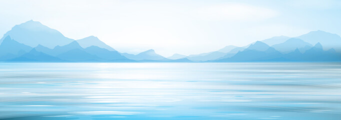 Vector blue sea water and mountains  background. - 438613385