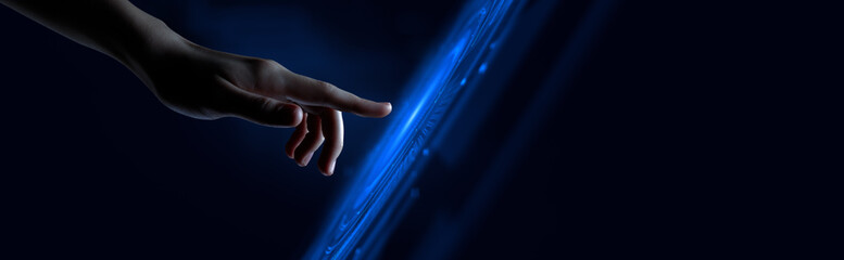 Human hand pressing on virtual digital screen