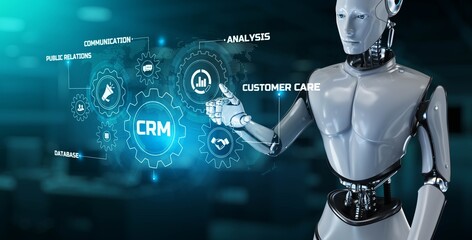 CRM customer relationship management automation RPA concept. Robot pressing button on screen 3d render.