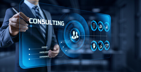 Consulting service business concept. Businessman pressing button on screen.