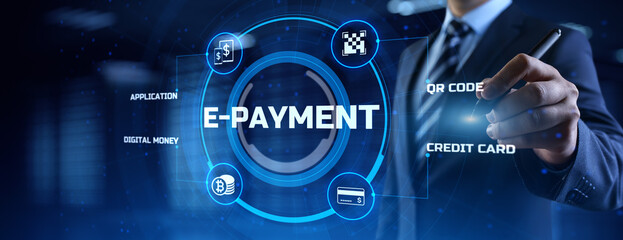 E-payment digital money online banking. Businessman pressing button on screen.