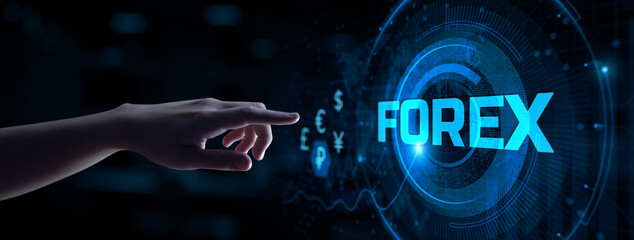 Forex trading stock market exchange robot automation. Hand pressing virtual button.