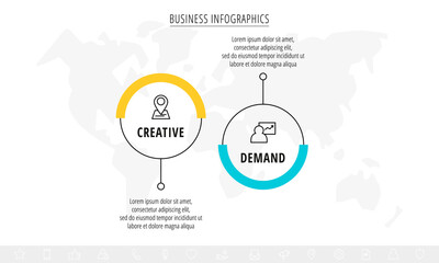 Line vector infographics with two circles and icons. Template with 2 steps for diagram, web, banner, presentations, flowchart, content, levels, chart, graphic