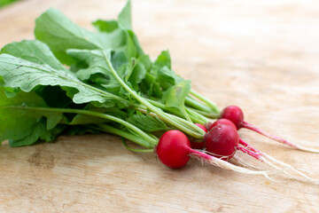 Fresh radish (root and leaves) lies on a wooden board. Diet food. This crunchy, peppery root...