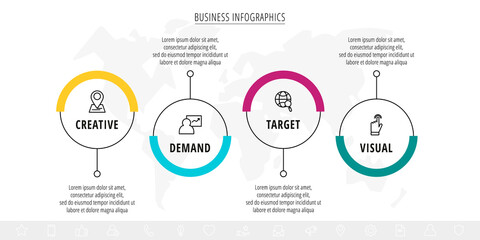 Line vector infographics with four circles and icons. Template with 4 steps for diagram, web, banner, presentations, flowchart, content, levels, chart, graphic