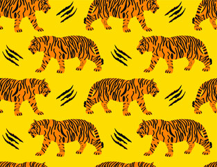 Main abstraite dessinant des tigres du Bengale et des rayures motif vectoriel continu fond isolé