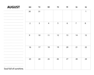 Monthly printable planner, organizer and schedule template for August 2021.