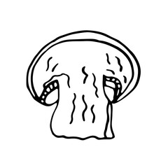 Edible cute doodle style mushroom isolated on white background. Black and white vector illustration of a mushroom for print, coloring pages. Isolated single element.