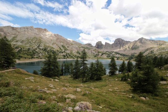 Lake of Allos, Natural alpine lake, lacated in Mercantour National Park, Alpes-de-Haute-Provence, France. Dominated by Mont Pelat. It's the largest high altitude lake in Europe. Levedone