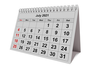 One page of the annual monthly calendar - month July 2021