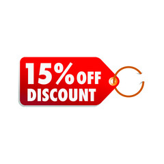  isolated red sale tag 15% discount offer white background