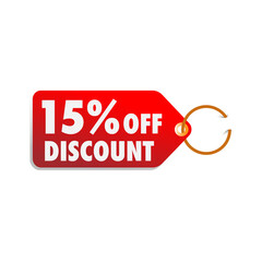  isolated red sale tag 15% discount offer white background
