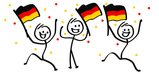 Happy smile football supporters. Cartoon stickman with the flag of Deutschland, Germany. Stick figure man for wk, ek soccer ball game cup. Flat vector sport icon or pictogram. Holland or Dutch, orange