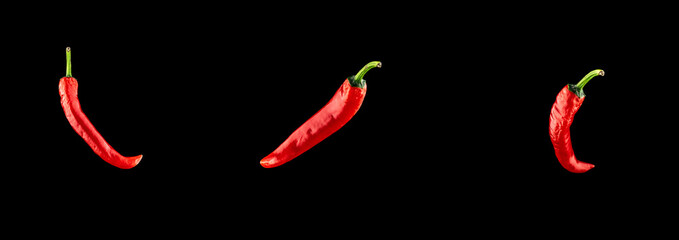 Red jalapeno set. Spicy chile cayenne pepper isolated. Red hot chili paprika collection on black...