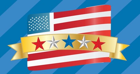 Multiple colorful stars on golden ribbon over american flag against striped blue background