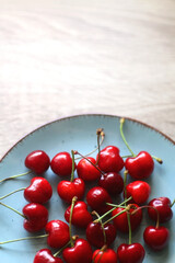 Blue plate filled with fresh cherries. Selective focus.