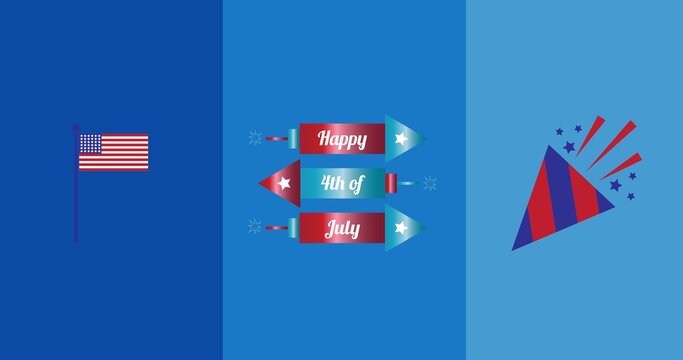 Happy Independence Day Text Over Party Popper And American Flag Icons Against Blue Background