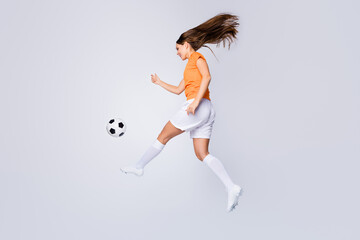 Full body profile photo of skilled lady soccer team player euro 2020 league run kick ball final match top scorer wear football t-shirt shorts cleats socks isolated white color background