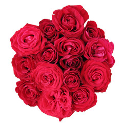 Beautiful bright red roses bouquet isolated on white background top view.