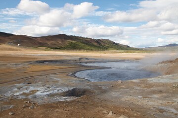 Iceland, Myvatn area, solfataras, geothermal, sand, desert area with boiling water and smoke, tourists