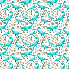 Cute bright dinosaurs on rainforest background, Hand drawn seamless pattern with dinosaurs and tropical leaves and flowers. Perfect for kids fabric, textile, nursery wallpaper.