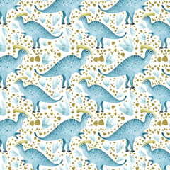 Naklejka premium Cute bright dinosaurs on rainforest background, Hand drawn seamless pattern with dinosaurs and tropical leaves and flowers. Perfect for kids fabric, textile, nursery wallpaper.