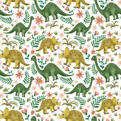Cute green and yellow dinosaurs on rainforest background, Hand drawn seamless pattern with dinosaurs and tropical leaves and flowers. Perfect for kids fabric, textile, nursery wallpaper.
