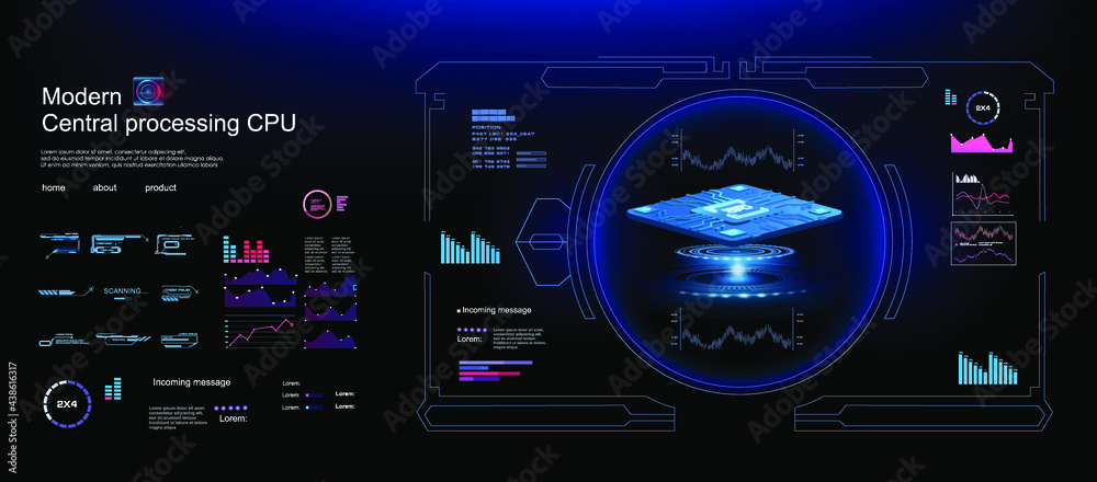 Poster futuristic processor. holographic cyber interface with powerful hud style processor presentation. ad
