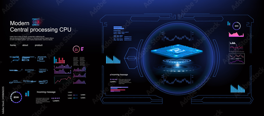 Poster futuristic processor. holographic cyber interface with powerful hud style processor presentation. ad