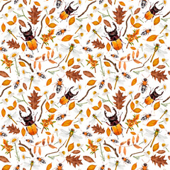 Obraz premium Entomological seamless pattern with colorful beetles. Summer and spring background. Wildlife set, insects texture. Can be used for a poster, printing on fabric.